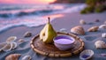 Serene Sunset Beach Pear and Purple Drink Scene Royalty Free Stock Photo