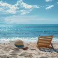 Tranquil beach scene Midday with sunhat on vacant sunlounger