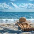 Tranquil beach scene Midday with sunhat on vacant sunlounger