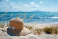 Tranquil beach scene Midday with sunhat on vacant sunlounger