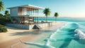 Tranquil beach scene with a modern beach house overlooking the sea. AI generated Royalty Free Stock Photo