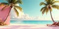 Tranquil beach scene with pink wall and lounge chairs under palm trees on a sunny day. Generative AI Royalty Free Stock Photo