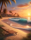 A tranquil beach scene at sunset with soft waves, palm tree, a peaceful getaway, wallpaper Royalty Free Stock Photo