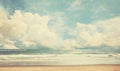 A tranquil beach scene unfolds, with golden sands meeting serene seas under a vast, cloud-filled sky. AI generative