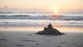 Tranquil beach at sunrise with lone sandcastle and gentle waves Royalty Free Stock Photo