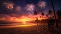 A tranquil beach at sunset with New Year\'s fireworks