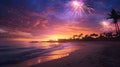 A tranquil beach at sunset with New Year\'s fireworks