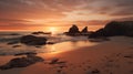 Tranquil beach sunrise with rocks on the sand and the ocean Royalty Free Stock Photo