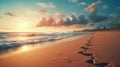 Tranquil beach sunset with waves, footprints on sand, serene nature scene at dusk Royalty Free Stock Photo