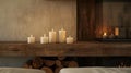 The tranquil beauty of a minimalist fireplace mantel adorned with unlit taper candles. 2d flat cartoon