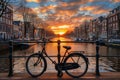 Tranquil Bicycle amsterdam bridge sunset. Generate Ai Royalty Free Stock Photo