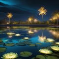 A tranquil, bioluminescent lagoon with floating water lilies that emit a soft glow1
