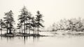 Tranquil Black And White Sketch Of Pine Trees By The Water