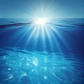 Blue underwater scene with sunlight and copy space. AI generative Royalty Free Stock Photo