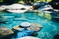 Tranquil blue water and stepping stones zen oasis for relaxation and meditation Royalty Free Stock Photo