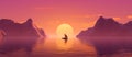 tranquil boat at serene lake at sunset, in style of pink, orange and purple, solitude and calmness concept Royalty Free Stock Photo