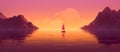 tranquil boat at serene lake at sunset, in style of pink, orange and purple, solitude and calmness concept