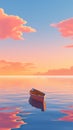 tranquil boat at serene lake at sunset, in style of pink, orange and purple, solitude and calmness concept Royalty Free Stock Photo