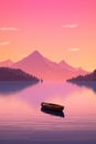 tranquil boat at serene lake at sunset, in style of pink, orange and purple, solitude and calmness concept Royalty Free Stock Photo