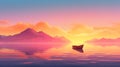 tranquil boat at serene lake at sunset, in style of pink, orange and purple, solitude and calmness concept Royalty Free Stock Photo