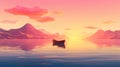 tranquil boat at serene lake at sunset, in style of pink, orange and purple, solitude and calmness concept