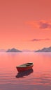 tranquil boat at serene lake at sunset, in style of pink, orange and purple, solitude and calmness concept