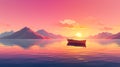 tranquil boat at serene lake at sunset, in style of pink, orange and purple, solitude and calmness concept