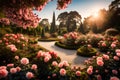 A tranquil botanical garden featuring an exquisite rose garden with a variety of roses in full bloom