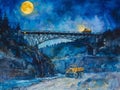 Tranquil bridge under moons glow nightscapes whispering serenity around Royalty Free Stock Photo