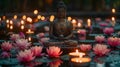 Tranquil Buddha Statue Meditating Amidst A Pond Of Floating Lotus Flowers And Candles. AI Generated Royalty Free Stock Photo