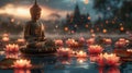 Tranquil Buddha Statue Meditating Amidst A Pond Of Floating Lotus Flowers And Candles. AI Generated Royalty Free Stock Photo