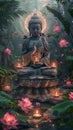 Tranquil Buddha Statue Meditating Amidst A Pond Of Floating Lotus Flowers And Candles. AI Generated Royalty Free Stock Photo