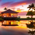 A tranquil bungalow illuminated by a vibrant Caribbean sunset Generative AI