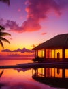 A tranquil bungalow illuminated by a vibrant Caribbean sunset Generative AI