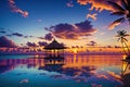 Tranquil bungalow reflection silhouettes Caribbean sunset beauty