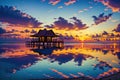 Tranquil bungalow reflection silhouettes Caribbean sunset beauty