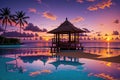 Tranquil bungalow reflection silhouettes Caribbean sunset beauty
