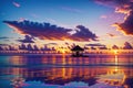 Tranquil bungalow reflection silhouettes Caribbean sunset beauty
