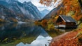 Tranquil cabin by a calm lake surrounded by a forest ablaze with autumn colors, reflecting a serene atmosphere. Royalty Free Stock Photo