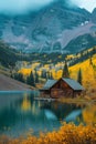 Tranquil cabin by a calm lake surrounded by a forest ablaze with autumn colors, reflecting a serene atmosphere. Royalty Free Stock Photo