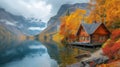 Tranquil cabin by a calm lake surrounded by a forest ablaze with autumn colors, reflecting a serene atmosphere.