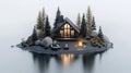 A tranquil cabin situated on a serene island, surrounded by trees and water, featuring a cozy fire pit for a perfect getaway Royalty Free Stock Photo