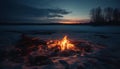 Tranquil campfire glows in natural sunset beauty, reflecting on water generated by AI