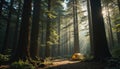 Serene Camping Scene in Forest with Sunlight Filtering Through Trees Royalty Free Stock Photo
