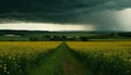 Tranquil canola meadow under overcast summer sky generated by AI