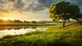 tranquil and captivating green landscape, bathed in soft golden light. Lush grass and vibrant foliage fill the frame,