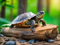 Tranquil Charm: Small Turtle Resting on Log.