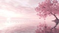 Tranquil cherry blossom tree in full bloom with petals drifting in serene pond reflection Royalty Free Stock Photo