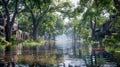 Tranquil City Canal with Lush Green Trees and Reflections in Water, Idyllic Urban Landscape, Serene Residential Area with Natural