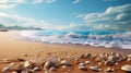 Tranquil coastal beauty seashells scattered on sandy beach, serene travel concept
